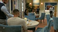 Beyond the Gates: Blake quickly finishes pouring the coffee before dashing off | Image: CBS